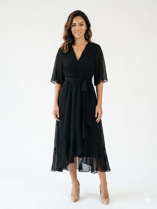 Olivengrøn chiffon midi-kjole med engelsærmer og tørklædehem