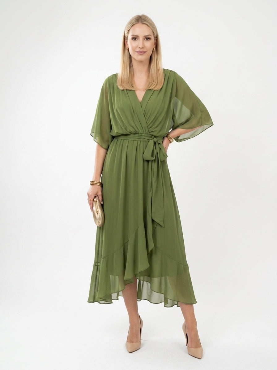 Olivengrøn chiffon midi-kjole med engelsærmer og tørklædehem