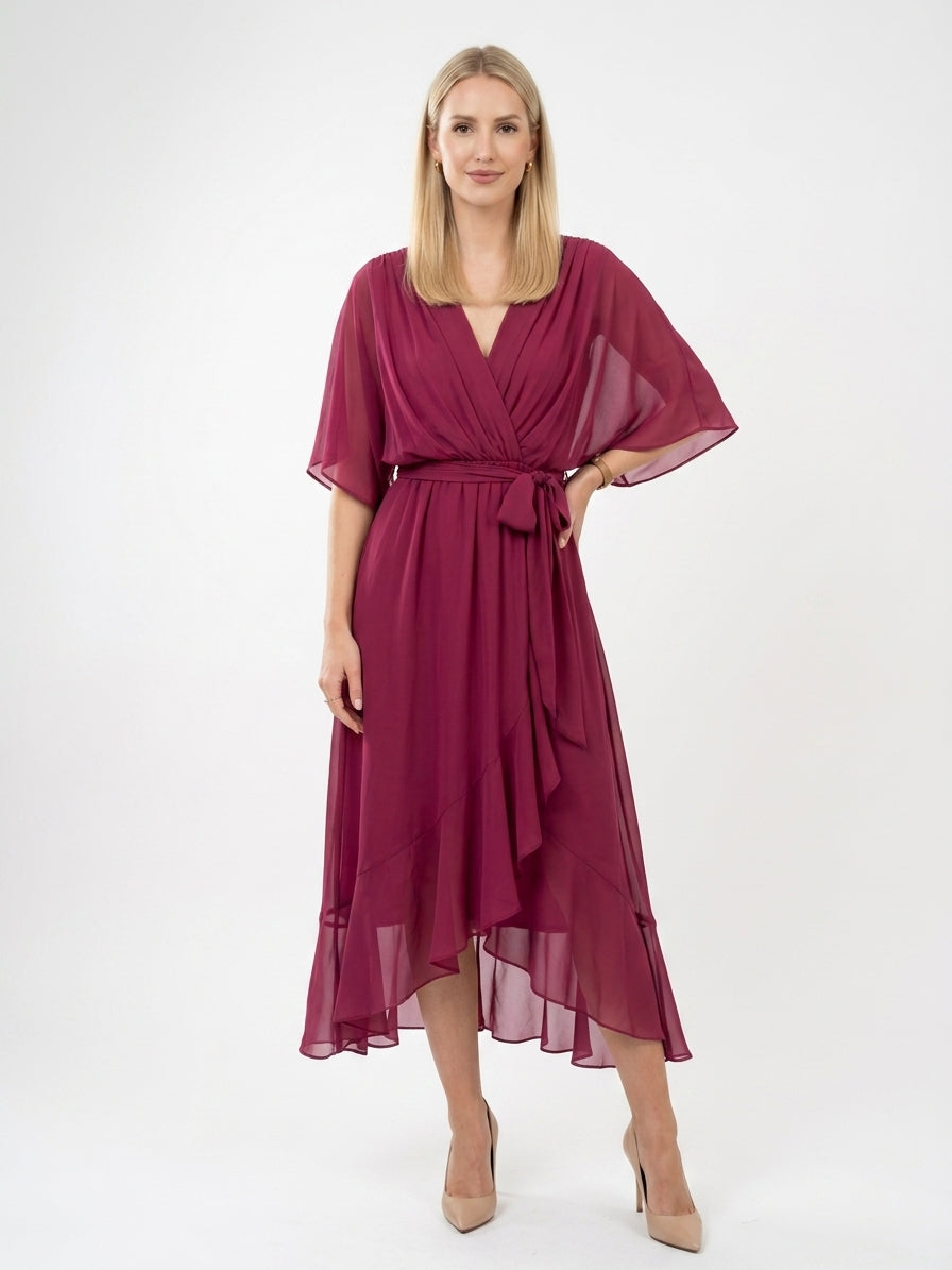 Olivengrøn chiffon midi-kjole med engelsærmer og tørklædehem