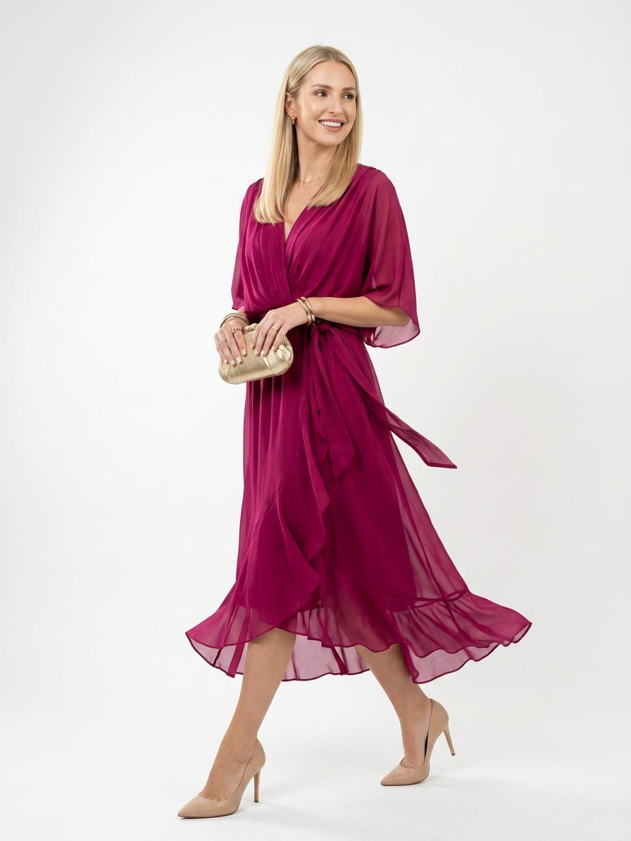 Olivengrøn chiffon midi-kjole med engelsærmer og tørklædehem