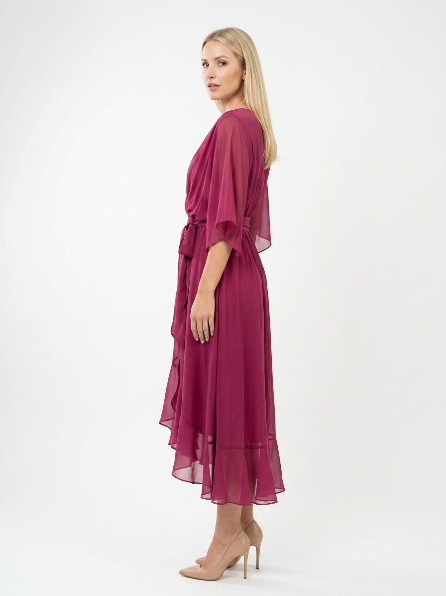 Olivengrøn chiffon midi-kjole med engelsærmer og tørklædehem
